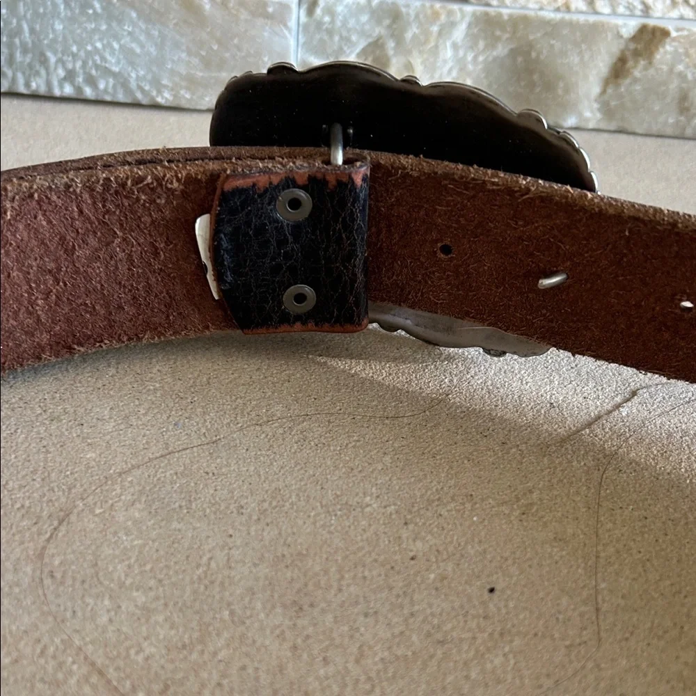 Fossil Black Leather Belt with Silver and White Buckle